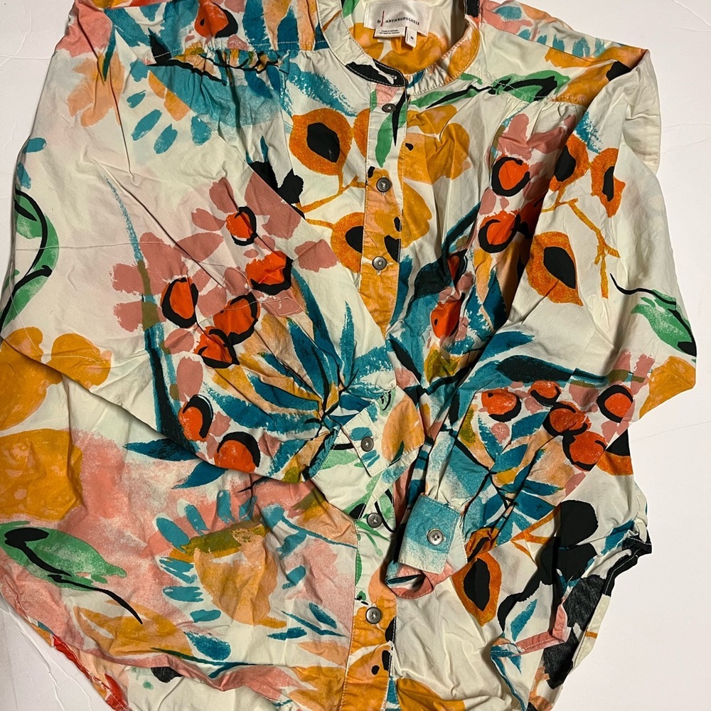 Anthropologie Orange and Green Abstract Blouse - Picture 2 of 6